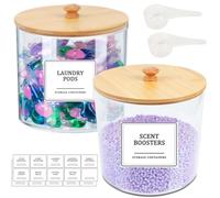 Recipiente de lavandería acrílico de 3 L, 2,4 L, tipo grifo, almacenamiento líquido con pinza y tapa de bambú, caja de almacenamiento para polvo de lavado con etiqueta, cuchara, clip