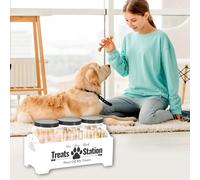 Recipiente de madera para golosinas para perros, juego de tarros de comida para perros con 3 tarros de plástico, bonito recipiente de comida para perros, reutilizable, organizador de golosinas para
