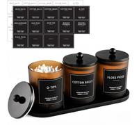 Recipiente de vidrio para bastoncillos de algodón con bandeja de bambú, 400 ml, organizador de baño, juego para almohadillas de algodón, palitos de hilo dental, gomas para el pelo y almacenamiento de