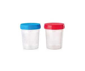 Recipiente graduado para orina de 150 ml, estéril de polipropileno con tapón de rosca hermético rojo y superficie de escritura, paquete de 4 unidades