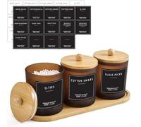 Recipiente para bastoncillos de algodón de cristal con bandeja de bambú, 400 ml, organizador de baño, juego para almohadillas de algodón, palitos de hilo dental, gomas para el pelo y almacenamiento de