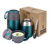 Recipiente térmico para alimentos, 500 ml y 700 ml, de acero inoxidable, con cuchara plegable, comida, sopa, gachas, yogur, termo de viaje, 2 recipientes aislantes, verde