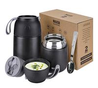 Recipiente térmico para alimentos, 500 ml y 700 ml, de acero inoxidable, con cuchara plegable, comida, sopa, gachas, yogur, termo de viaje, 2 recipientes aislantes, color negro