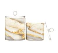 Recipientes de almacenamiento de plástico transparente con tapa, diseño de mármol, blanco, amarillo, con tapa, tarro de almacenamiento de hilo dental decorativo para hisopos de algodón, paquete de 2