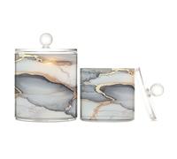 Recipientes de almacenamiento de plástico transparente con tapa, diseño de mármol, blanco, gris, con tapa, tarro de almacenamiento de hilo dental decorativo para hisopos de algodón, paquete de 2