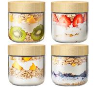 Recipientes de avena nocturna de 10 onzas con tapas, tarros de vidrio con tapas de bambú, tarros de vidrio para preparación de comidas con tapas herméticas para yogur, ensalada, chia, tarro Mason de