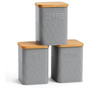 Recipientes de cocina para té, café, azúcar con tapas de bambú, juegos de recipientes herméticos para la cocina, juegos de cubos de té, café, azúcar, color gris, 3 piezas