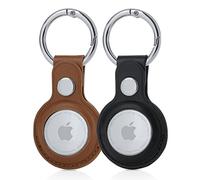 RECKNEY AirTag - Llavero de piel sintética para Apple AirTags, paquete de 2 fundas protectoras para Airtags, con llavero compatible con Apple AirTag (negro, marrón)