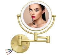 RECKODOR Espejo de Maquillaje Iluminado de Pared Dorado, Espejo de tocador de Doble Cara con Aumento 1/5X, Espejo cosmético Giratorio 360º para baño, Regulable al Tacto, Oro Cepillado, con Cable