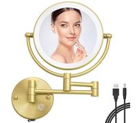 RECKODOR Espejo Maquillaje con Luz, 1X/5X Latón Doble Cara Espejo Aumento, Control por Interruptor Táctil, Brillo Ajustable, 360 Giratorio Espejo,Espejo de Afeitar para Baño,USB Recargable