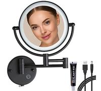 RECKODOR Espejo Maquillaje con Luz Pared, 1X / 5X Doble Cara Espejo Baño,Material de Latón,Espejo Aumento con Luz,Control por Interruptor Táctil,Brillo Ajustable,360 Giratorio Espejo para Baño,Hotel