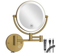 RECKODOR Espejo Maquillaje con Luz Recargable, Aumento 1X/5X Doble Cara Giratorio 360,Latón Espejo Baño Pared Extensible Táctil con USB, Brillo Regulable, para Hotel-Latón Moderno Cepillado