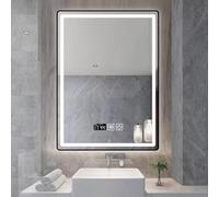 Recle - Espejo de baño retroiluminado inteligente, tricolor, regulable, antiempañamiento, marco de aluminio, pantalla de tiempo, reflejo HD, elegante espejo de tocador de pared (negro)