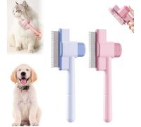 Recognizeknow Cat Brush, Self Cleaning Pet Flea Comb Grooming Brush, Upgrade Dog and Cat Hair Removal with Release Button and Long & Short Stainless Steel Metal Teeth (Pink+blue)