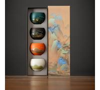 RecontraMago Set de 4 Tazas de Cerámica Artesanal, Diseño Oriental Japonés, Pintadas a Mano, 110ml, con Caja Regalo de Lujo para Té Matcha, Café y Sake (SET 4)