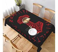 Rectangular Mantel De Hule Mjolnir Vikingo Rojo Y Rueda Rúnica Nórdica Manteles Moderno Hule Antimanchas Mantel De Mesa para Navidad Cumpleaños Pícnic,137X183cm
