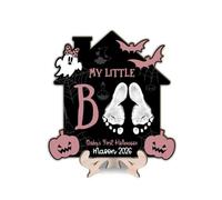 Recuerdo artístico de la primera huella de Halloween del bebé, tarjeta de hito de madera para niñas y niños, letrero decorativo para baby shower, recién nacido, accesorio para sesión de fotos (negro y