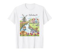 Recuerdo artístico de Pueblo de Molino de Viento holandés con Campos de Tulipanes Camiseta gráfica económica, Hombre, Blanco, M