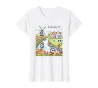 Recuerdo artístico de Pueblo de Molino de Viento holandés con Campos de Tulipanes Camiseta gráfica económica, Mujer, Blanco, L
