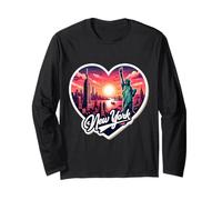Recuerdo retro de puesta de sol con texto en forma de corazón de Nueva York para amantes de la ciudad de Nueva York Manga Larga