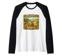 Recuerdo Vintage del mar mediterráneo con Etiqueta de Caja de Olivo Puglia Camiseta Manga Raglan