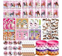 Recuerdos de fiesta de caballo rosa, 41 calcomanías de caballo, 12 bolsas de regalo, 12 insignias de botón, 12 llaveros, 12 mini blocs de notas, 12 pulseras de goma para niñas y mujeres, suministros