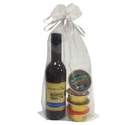 Recuerdos para cualquier evento con botellita Pet de vino Señorío de los Llanos D.O. con 4 monodosis de patés en bolsa de organza para invitados