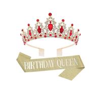 (Red)1 Set Etiquette Belt Set Letter Printed Long Ribbon Rhinestone Inlay Queen Crown Two-piece Set