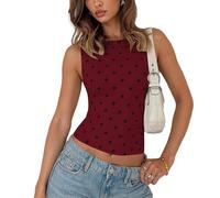 Red and Black Polka Dot Top,Women Y2k Vintage Polka Dot Tank Top,Crew Neck Fairy Grunge Sleeveless Slim Fit Vest (Wine Red,L)