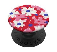 Red and Pink White Flower Retro Modern Boho Bohemian Pattern PopSockets PopGrip Adhesivo