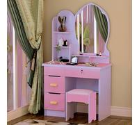 RED AS FIRE Tocador pequeño de 27,5 Pulgadas con Espejo de Maquillaje, Juego de tocador y Taburete con 4 cajones privados, Estantes Abiertos de Almacenamiento Multicapa, para Mujeres Adultas y niñas