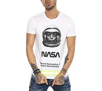 RED BRIDGE Camiseta de Hombre Manga Corta con Franja Neón y Estampado de NASA Blanco