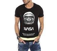 RED BRIDGE Camiseta de Hombre Manga Corta con Franja Neón y Estampado de NASA Negro