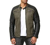 Redbridge Chaqueta de motorista en mezcla de materiales de algodón y piel sintética, con cuello alto, cremalleras y aspecto acolchado, caqui, 4XL