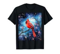 Red Cardinal Bird Blue Starry Night Pink Floral Sky Flower Camiseta