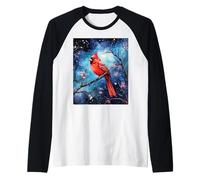Red Cardinal Bird Blue Starry Night Pink Floral Sky Flower Camiseta Manga Raglan