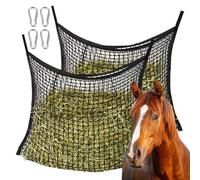 Red de heno para caballos, 90 x 60 cm, 2 piezas de red de heno para caballos, malla de heno, malla de 3 x 3 cm, bolsa de malla para heno con 4 mosquetones, bolsa de heno negra, capacidad de 8 kg