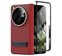 (Red) ExquisiteGenuine Leather ,Full Body Hinge Protection Case for OnePlus Open Built-in Screen Protector & Kickstand