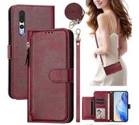 (red) Flip Case for Huawei P20 Pro Protection Soft PU Leather Zipper Wallet Cover with Card Holder and Long Strap