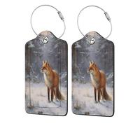 Red Fox in A Quiet Snowy Forest - Etiqueta de equipaje para maleta, paquete de 2 etiquetas de equipaje de cuero con solapa de privacidad, etiqueta de identificación de nombre y lazo de metal para
