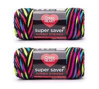 Red Heart Super Saver - Ovillo de hilo jumbo de rayas neón - Paquete de 2 unidades de 14 onzas - Acrílico - 4 medianos (peinado) - 482 yardas - Tejido/ganchillo