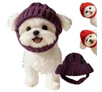 Red Knit Dog Beanie with Ear Flaps, Warm Winter Hat for Small & Medium Dogs & Cats, Soft Stretchy Knit, Ear Holes & Flaps, Cold Weather Outdoor Walks & Photos (Purple)