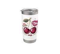 Red Lips and Cherries Cherry Lover Fruit Retro Vaso térmico de acero inoxidable de doble pared
