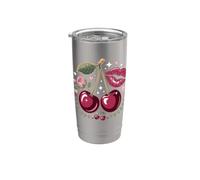 Red Lips and Cherries Cherry Lover Fruit Retro Vaso térmico de acero inoxidable de doble pared