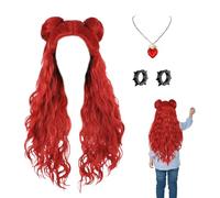 Red Long Wig, Heartshaped Necklace, Girls Halloween Wigs | Cosplay Party Red Wig with Bracelet | Comfortable Cosplay Dress Up Accessories Festival Supplies for Party School Performance Stage