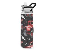 Red Monster Trucks - Botella de agua de dibujos animados con pajita, 1 litro, a prueba de fugas, sin BPA, Tritan transparente para niños, niñas, mujeres, escuela, viajes, deportes