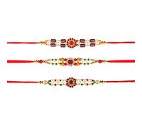 Red Multi Stone Designer Rakhi Bracelet for Brother on Raksha bandhan with Multicolor Beads Traditional Rakhi Thread Set of 3