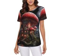 Red Mushrooms in The Night Sky - Camisetas ajustadas de manga corta con cuello redondo para mujer, Negro, S