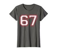 Red Number 67 Sports Player Jersey Fun Game Winner #67 Lucky Camiseta, Mujer, Asfalto, S