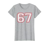 Red Number 67 Sports Player Jersey Fun Game Winner #67 Lucky Camiseta, Mujer, Gris Jaspeado, S